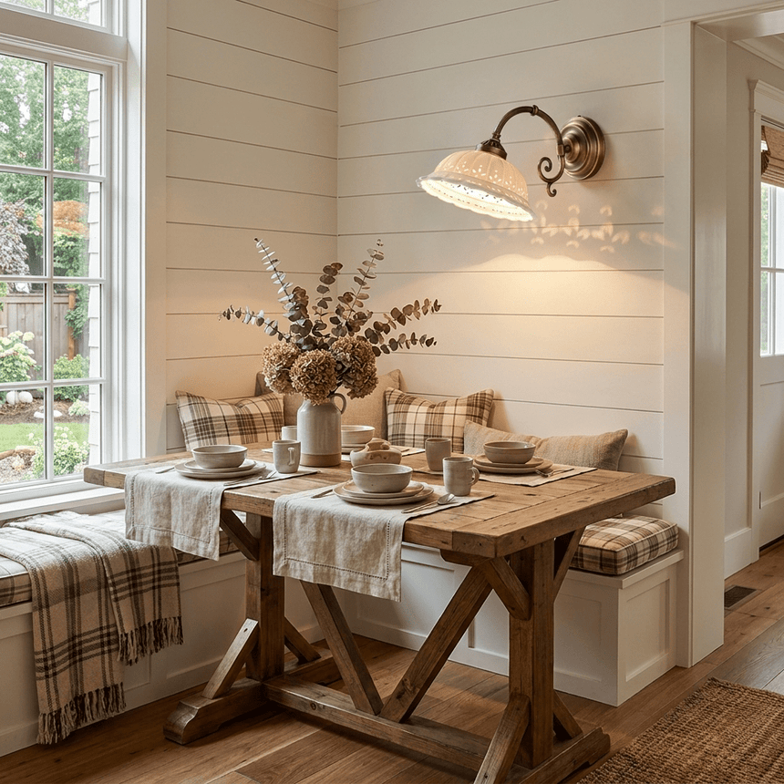 The sconce lit above a wood table and a cushioned bench in a breakfast nook