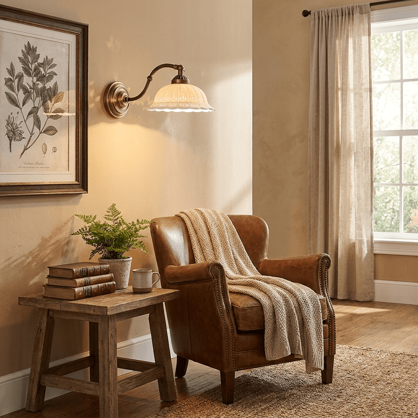 The sconce above a leather armchair and a side table beside a framed botanical print