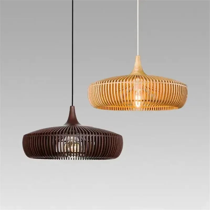 Walnut and natural shades hung at two different heights
