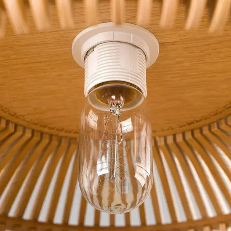 Close view of the socket inside the slatted wood shade