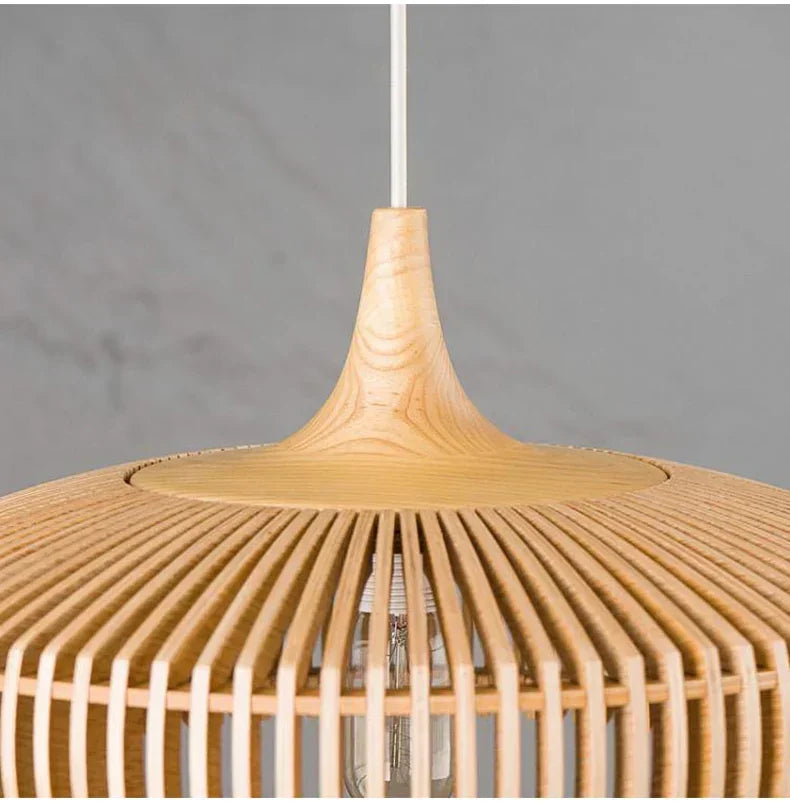 Slatted wood shade seen from above showing the cone at the top