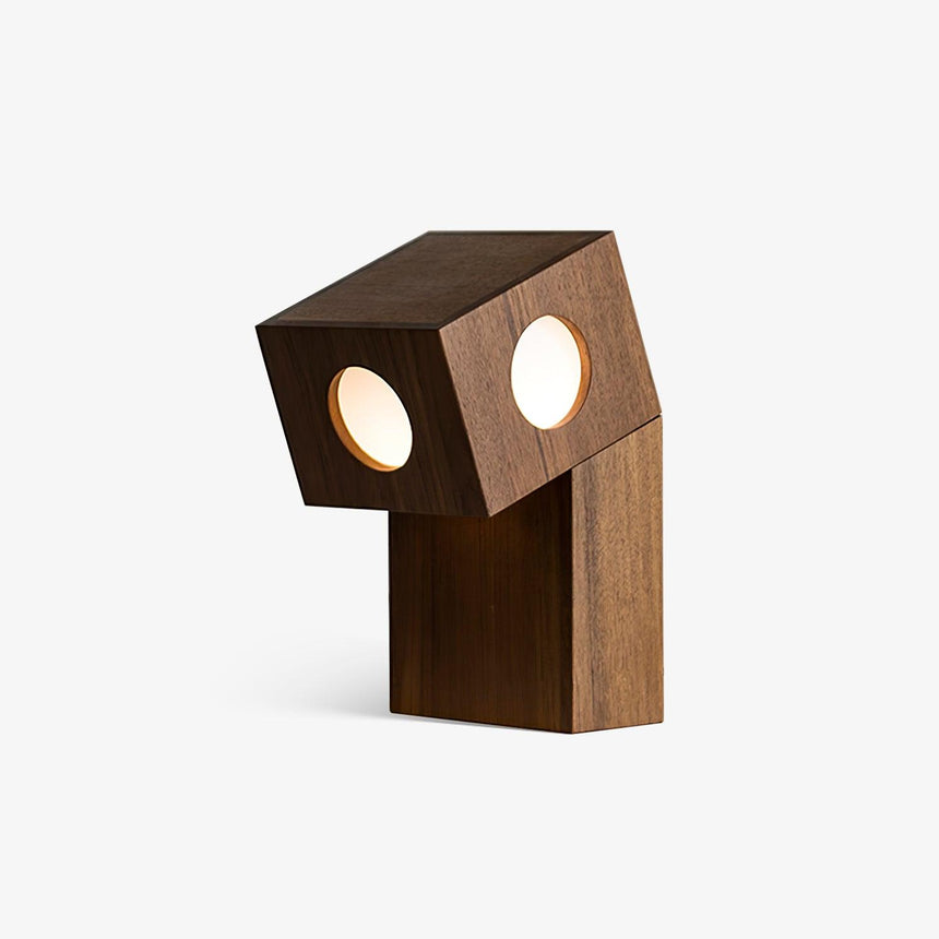 Sculptural teak table lamp with a tilted head and two round diffusers
