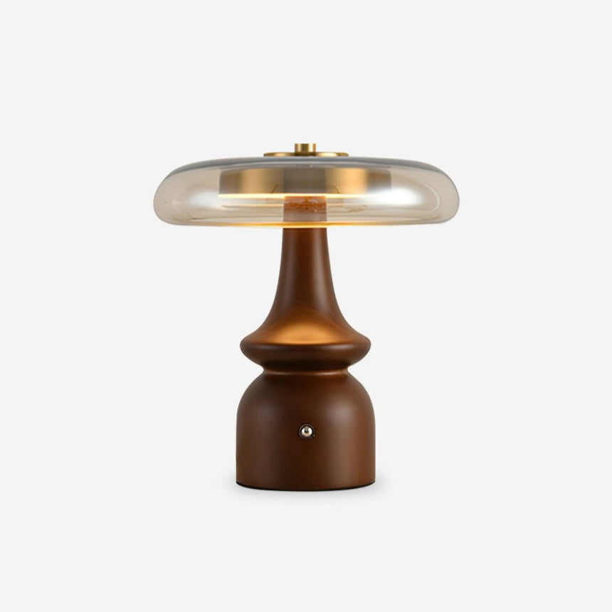 Side table lamp with an amber glass ring on a walnut base, plain ground