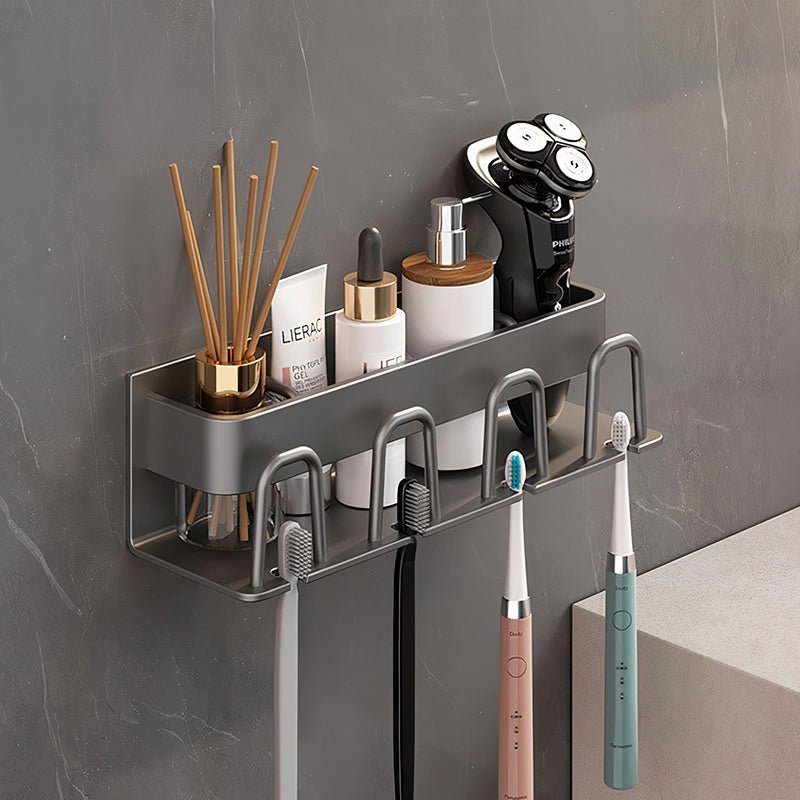 No-drill bathroom organizer with adhesive mount for countertop storage