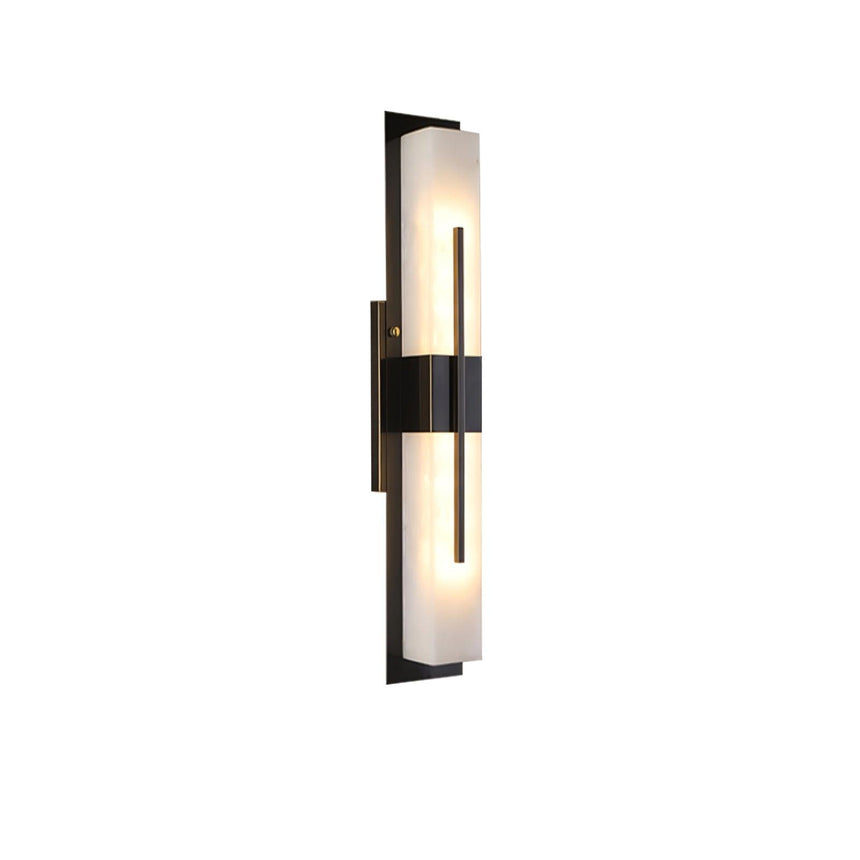 The pale panel and the black cross bar of the sconce seen at an angle