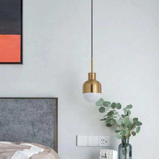 The brass pendant lit beside a bed above a nightstand with eucalyptus