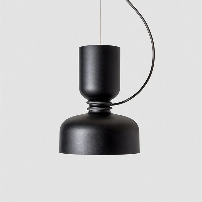 Black pendant with a cylinder above a bowl, seen against gray