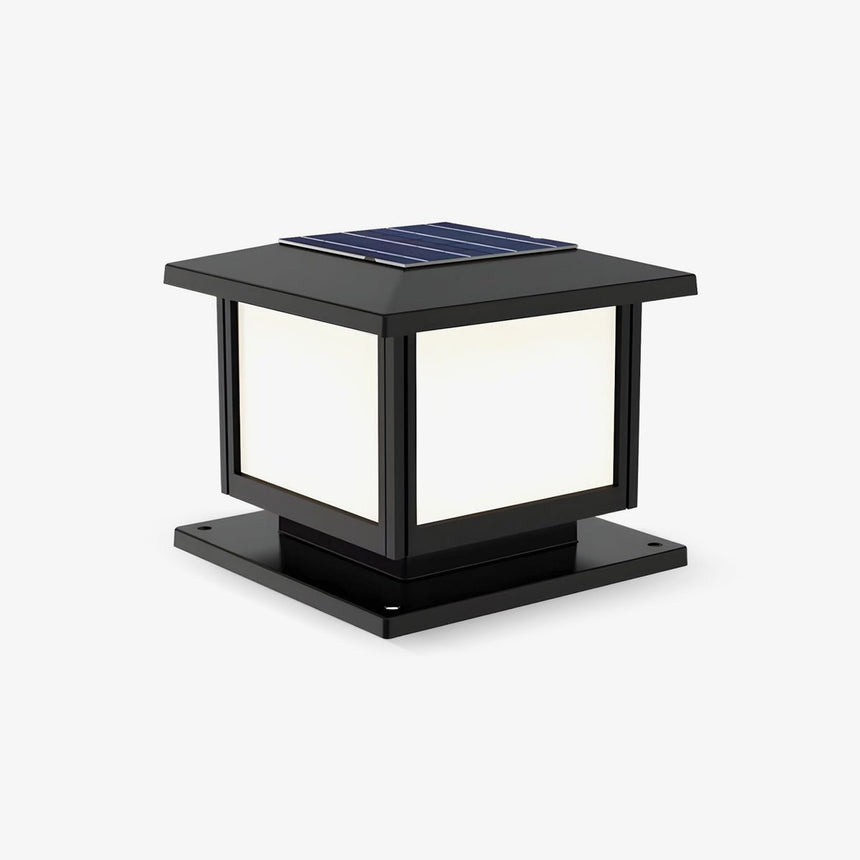 Stepped square cap with white panels and a flat solar panel on the lid