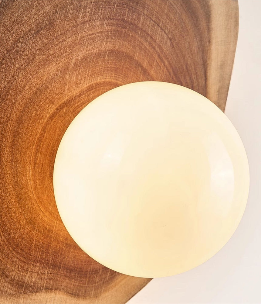 Close view of the sphere where it meets the cut edge of the solid wood