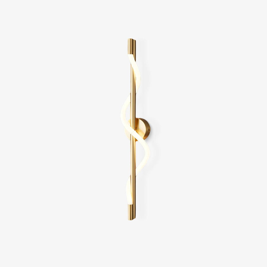 Slim gold rod wall sconce with a lit band spiralling around it