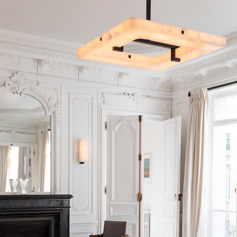 The lit square panel in a white room beside a tall door and a curtain