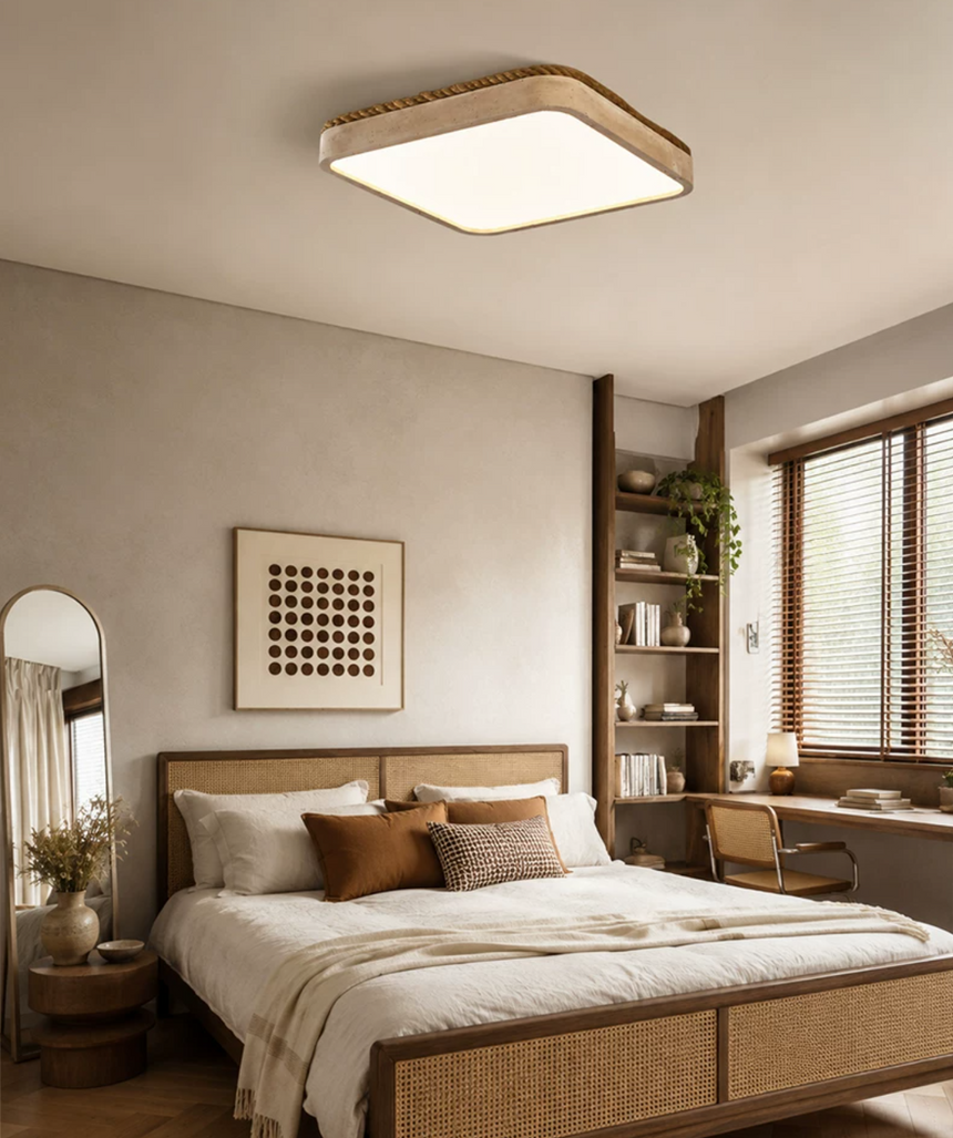 Square travertine ceiling light in a bedroom with a floor mirror and open shelves