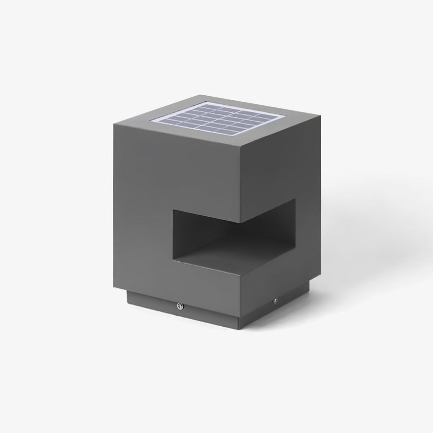 Gray cube post light with a wide horizontal slot cut across one face