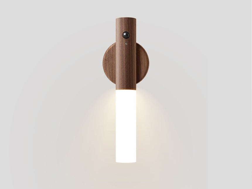 The walnut collar on its round plate, the frosted tube pointing downward