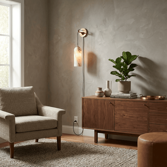 The lit lamp above a walnut cabinet beside an armchair and a plant