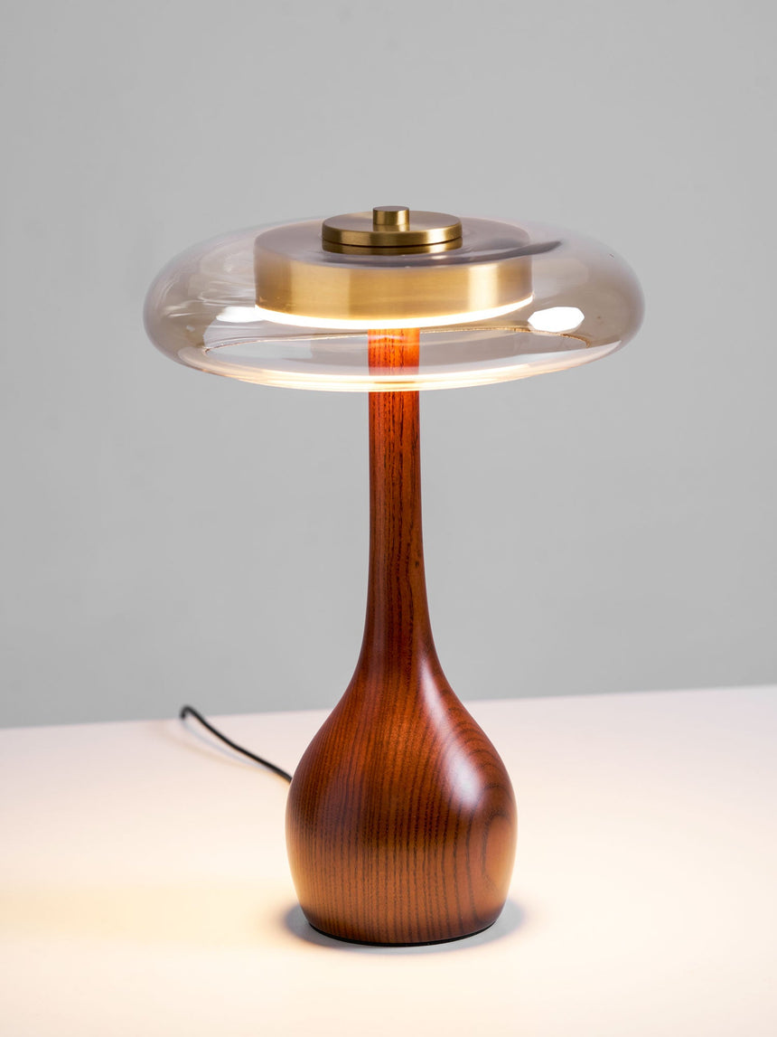 The tall glass shade table lamp lit against a plain pale ground