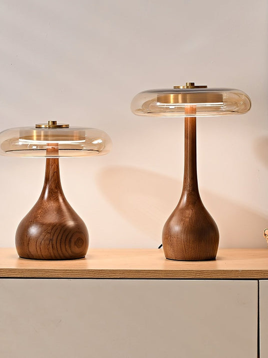The short and tall versions of the glass shade table lamp side by side