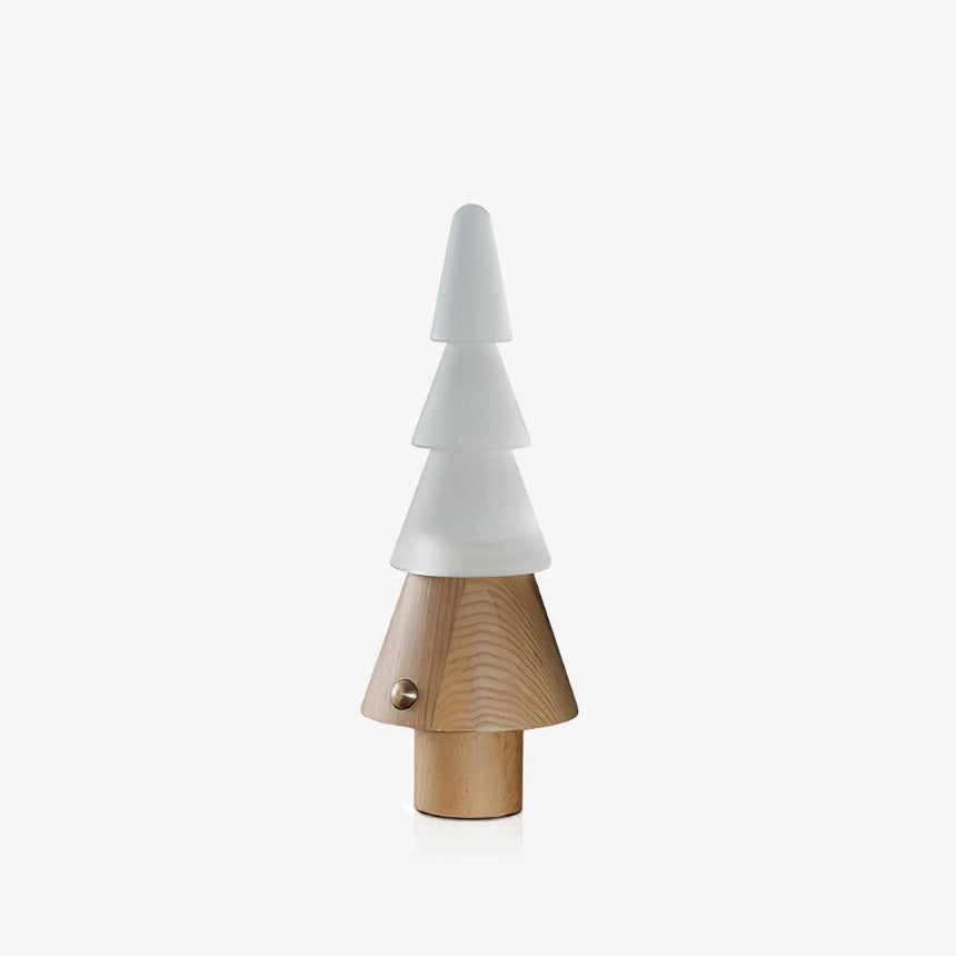 Stacked tree lamp in natural wood against a plain pale ground