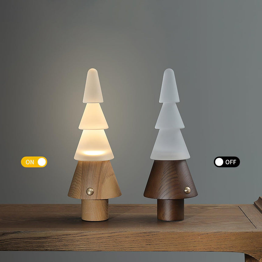 Two stacked tree lamps side by side, one lit and one unlit