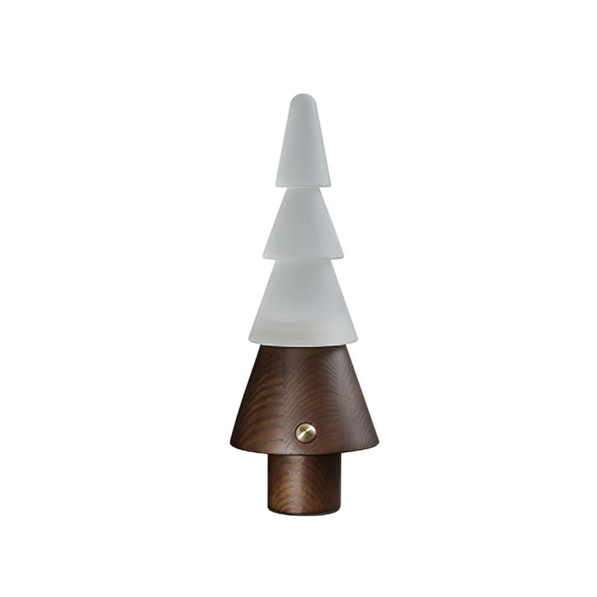Stacked tree lamp in walnut, lit, seen from the front