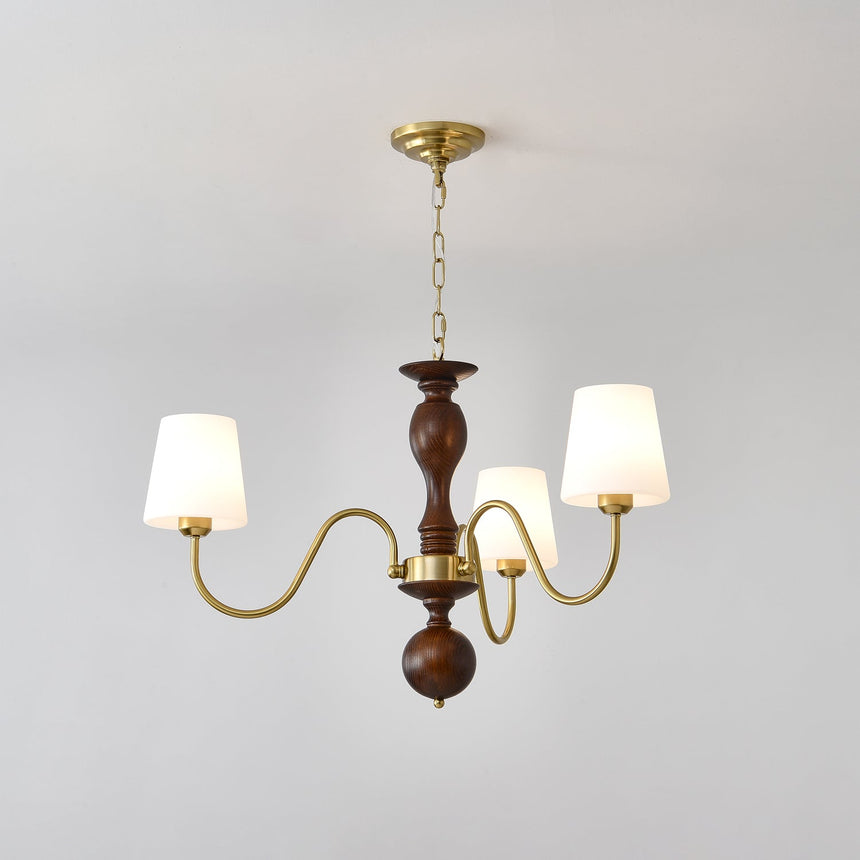 Five fabric cones lit with the walnut column dark at the middle