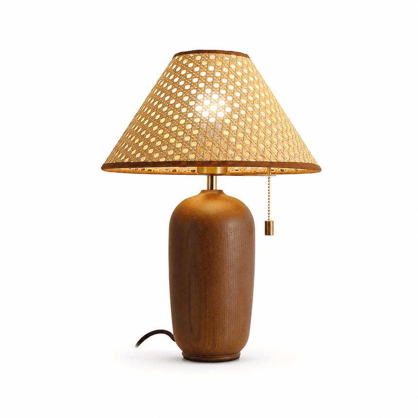 Traditional table lamp with a hand woven rattan shade, plain ground