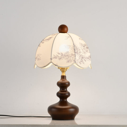 Close view of the lit shade above the turned walnut gourd base