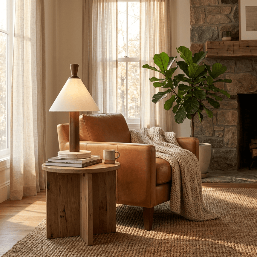 Travertine table lamp lit on a side table beside a leather chair