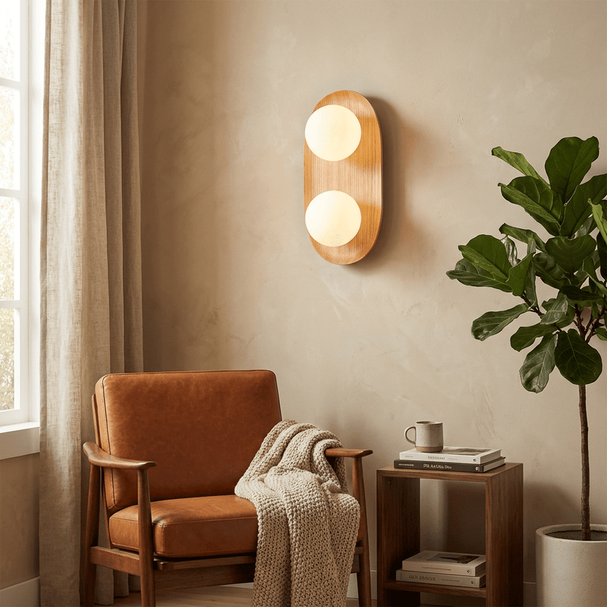 Sconce lit on a plaster wall beside a tan armchair, a plant and a window