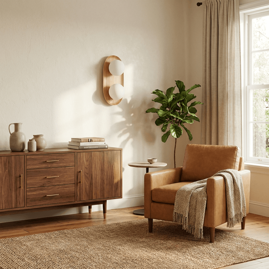 Sconce lit above a long wood sideboard beside a window and an armchair
