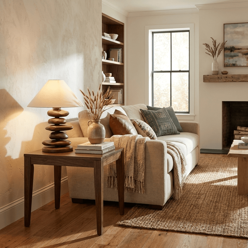 Unique table lamp on a console in a living room with a fireplace