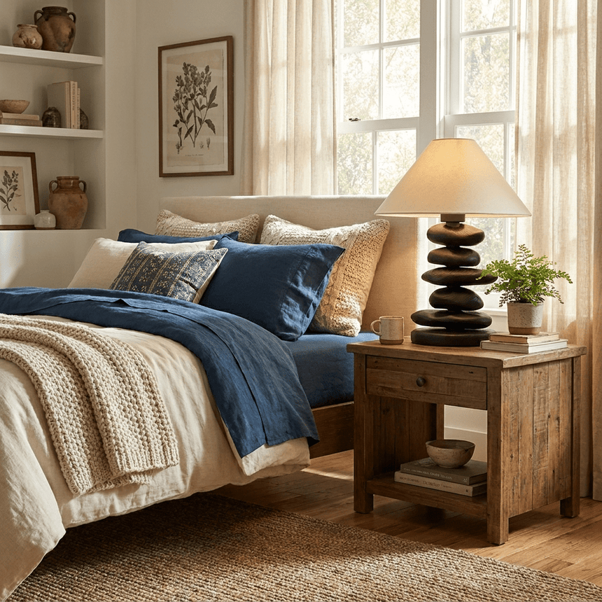 Unique table lamp lit on a nightstand beside a blue bed