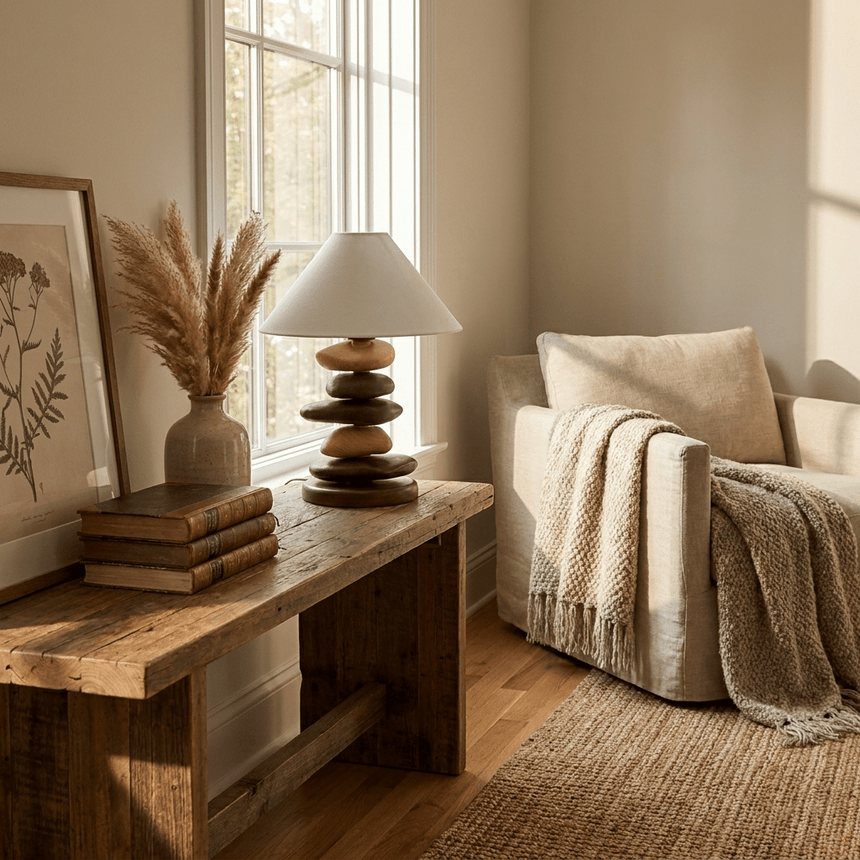 Unique table lamp on a wood bench beside a pale armchair