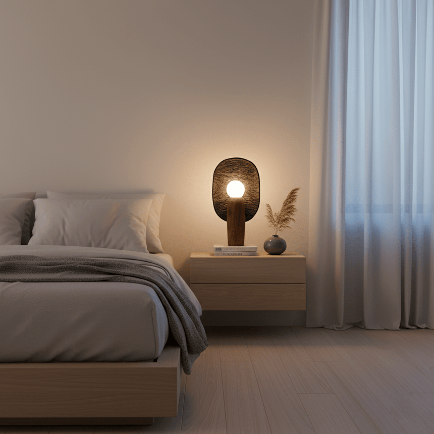 Totem table lamp lit on a nightstand beside a bed with pale bedding