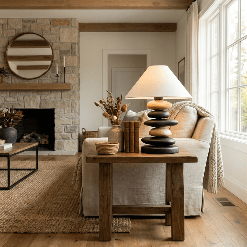 Unique table lamp on a console below a round mirror in a living room