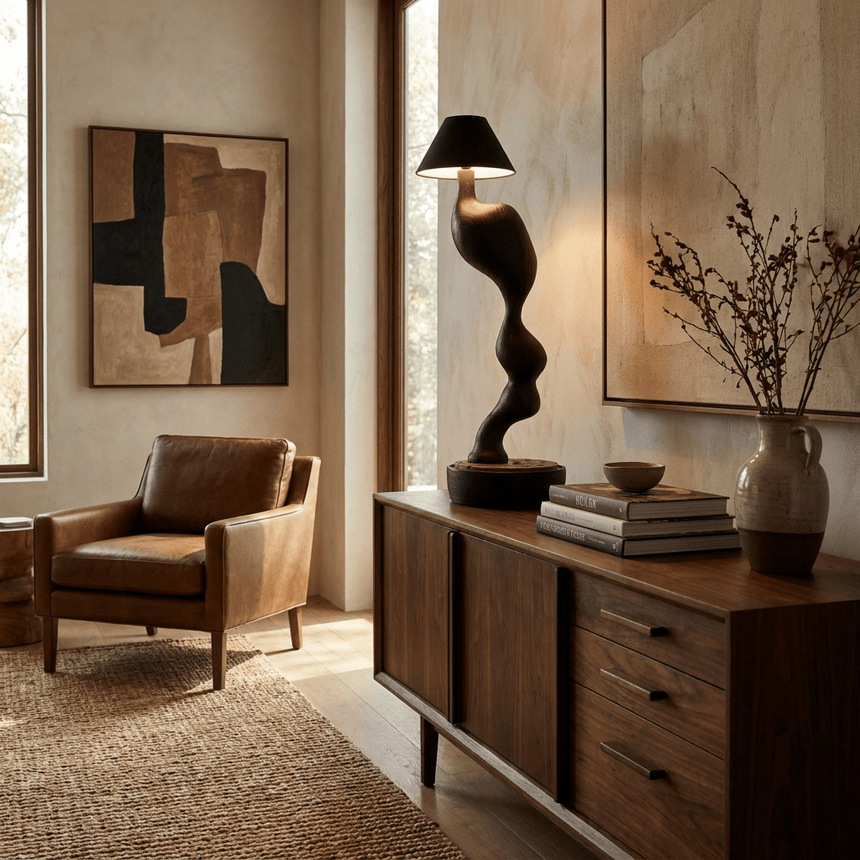 Cordless carved wood table lamp lit on a sideboard beside an armchair