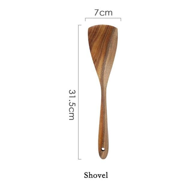 Teak wood utensil set arranged for display