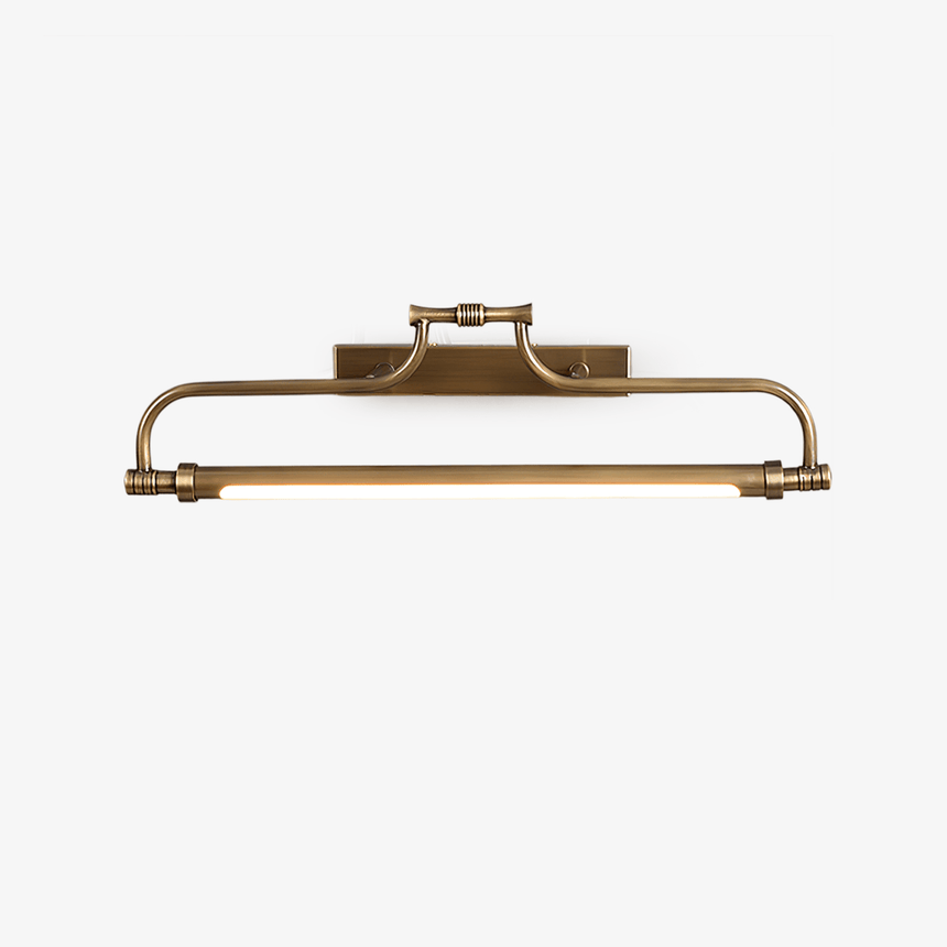 An arched metal bracket carrying a slim tube, seen straight on against a pale ground