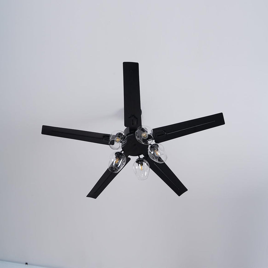 Black ceiling fan seen from below with the lights off