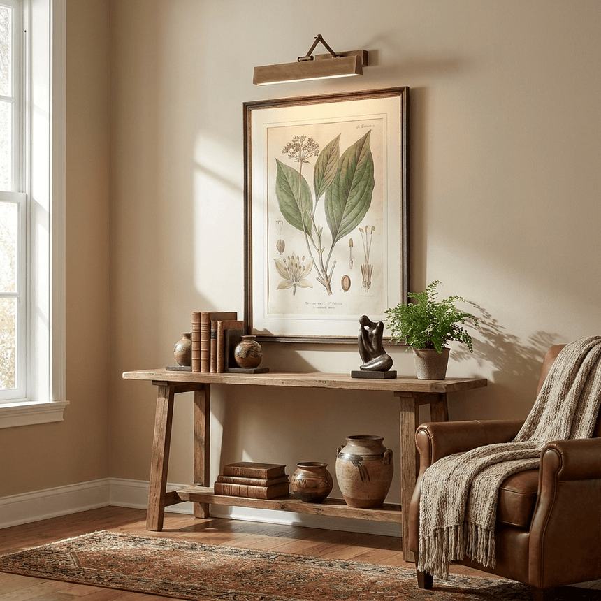 Bronze bar lit over a framed botanical print above a console with pots and books