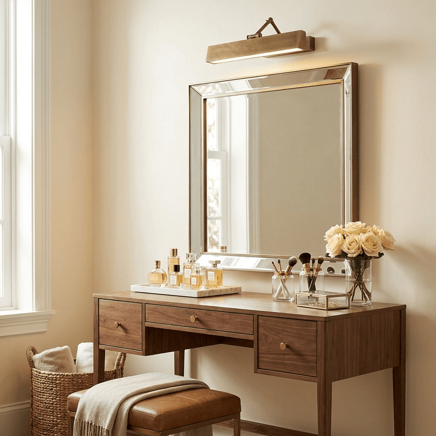 Bronze bar lit over a framed mirror on a dressing table with a stool and roses