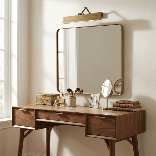 Bronze bar lit above a mirror on a walnut dressing table with brushes and books