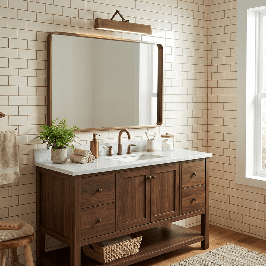 Bronze bar lit above a framed mirror over a wood vanity in a white tile bathroom