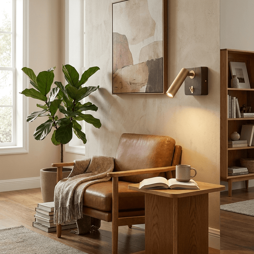 Reading lamp lit beside a leather armchair and a wood side table