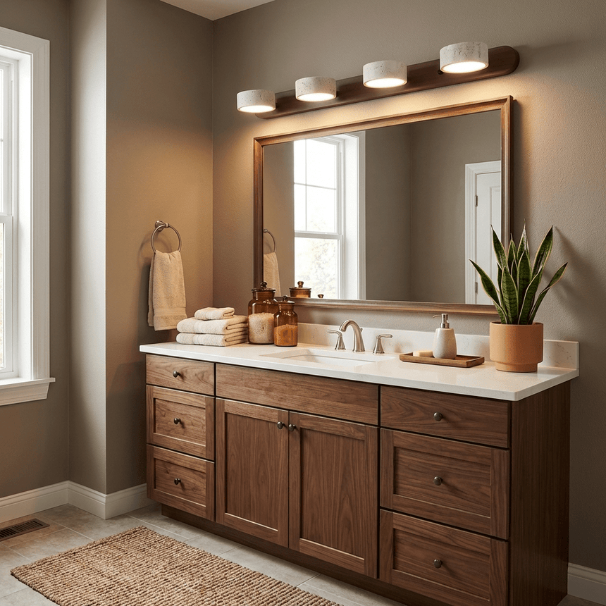 Lit over a wide mirror on a double vanity beside a window and folded towels