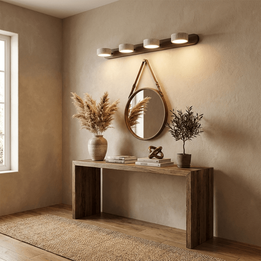 Lit above a console table in a hallway with a round mirror and dried grasses