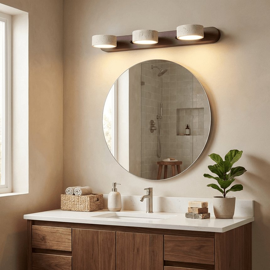 The walnut version lit above a round mirror on a dark walnut vanity unit