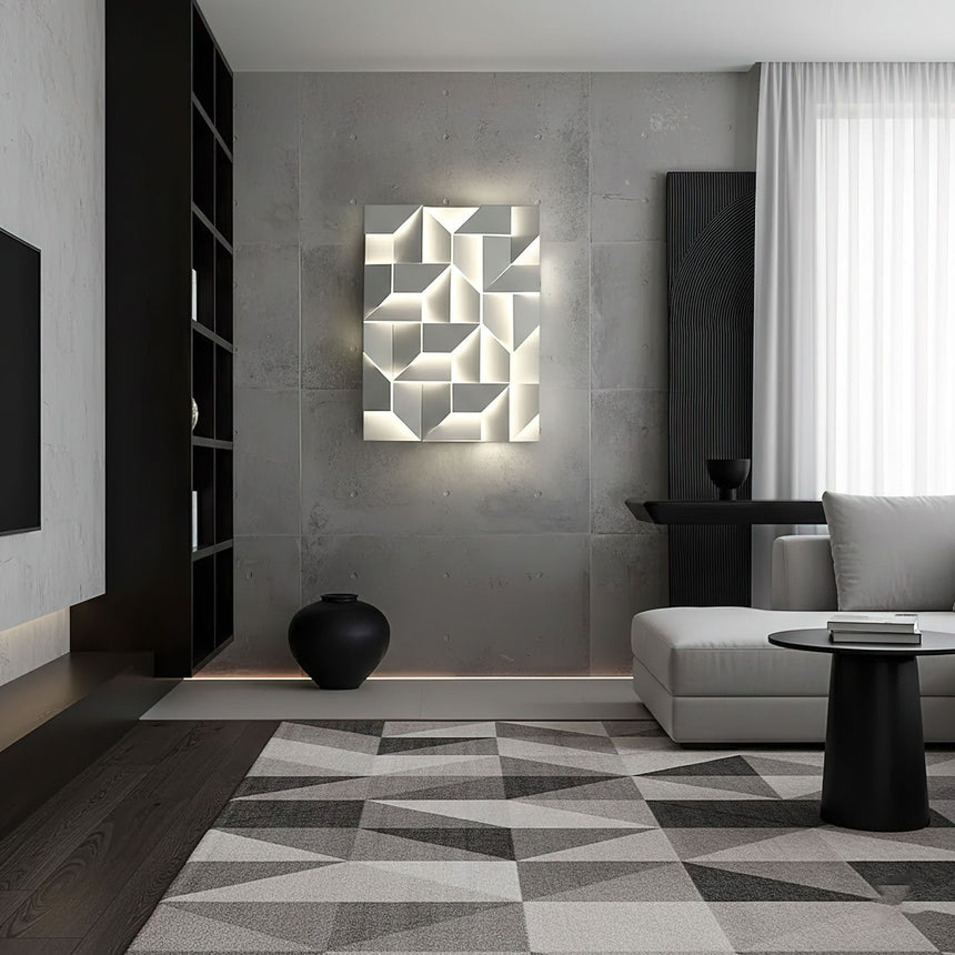 Lit above a low sofa in a room with a checkered rug and a dark bookcase