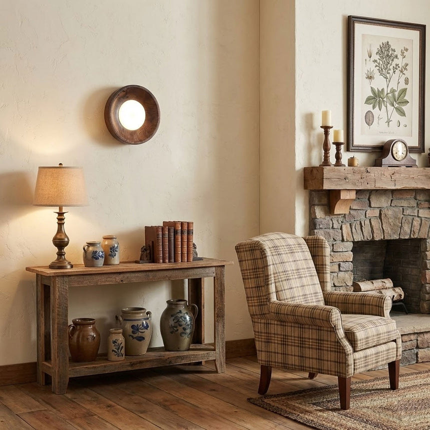 Sconce unlit above a console in a living room with a fireplace and an armchair