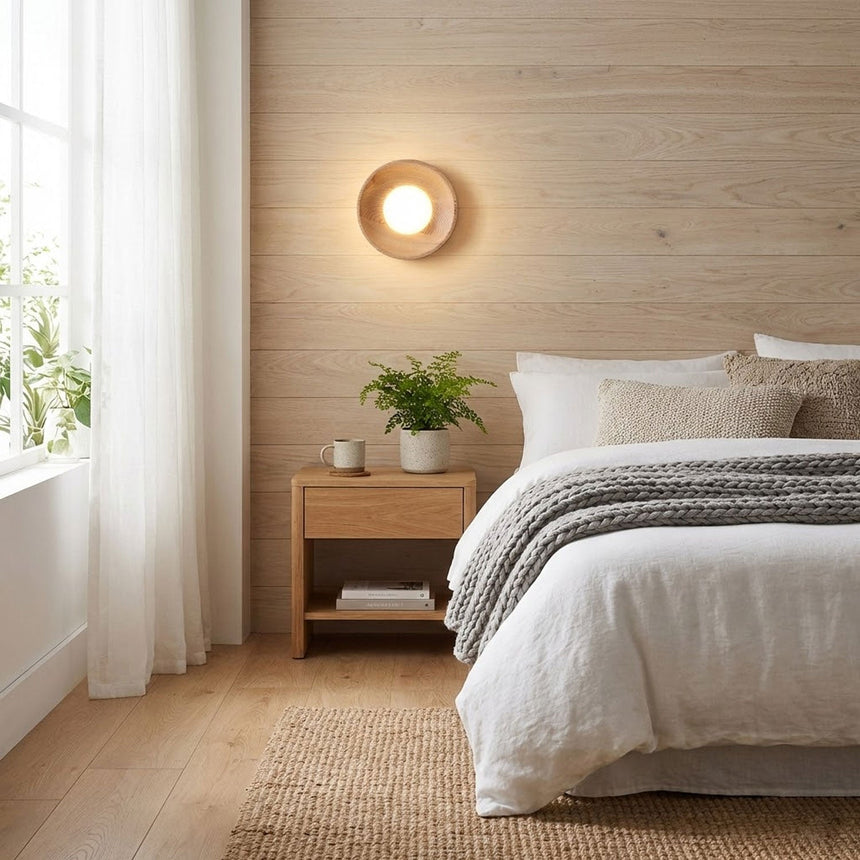 Sconce lit on a bedroom wall above a nightstand with a plant and a window